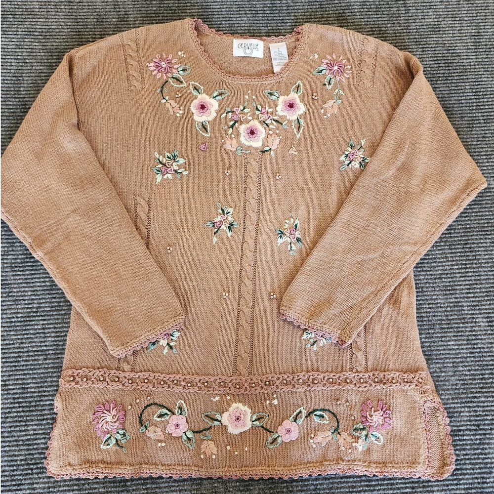 Vintage Cervelle Sweater Womens 1X Floral Embroidered Crochet Cottagecore